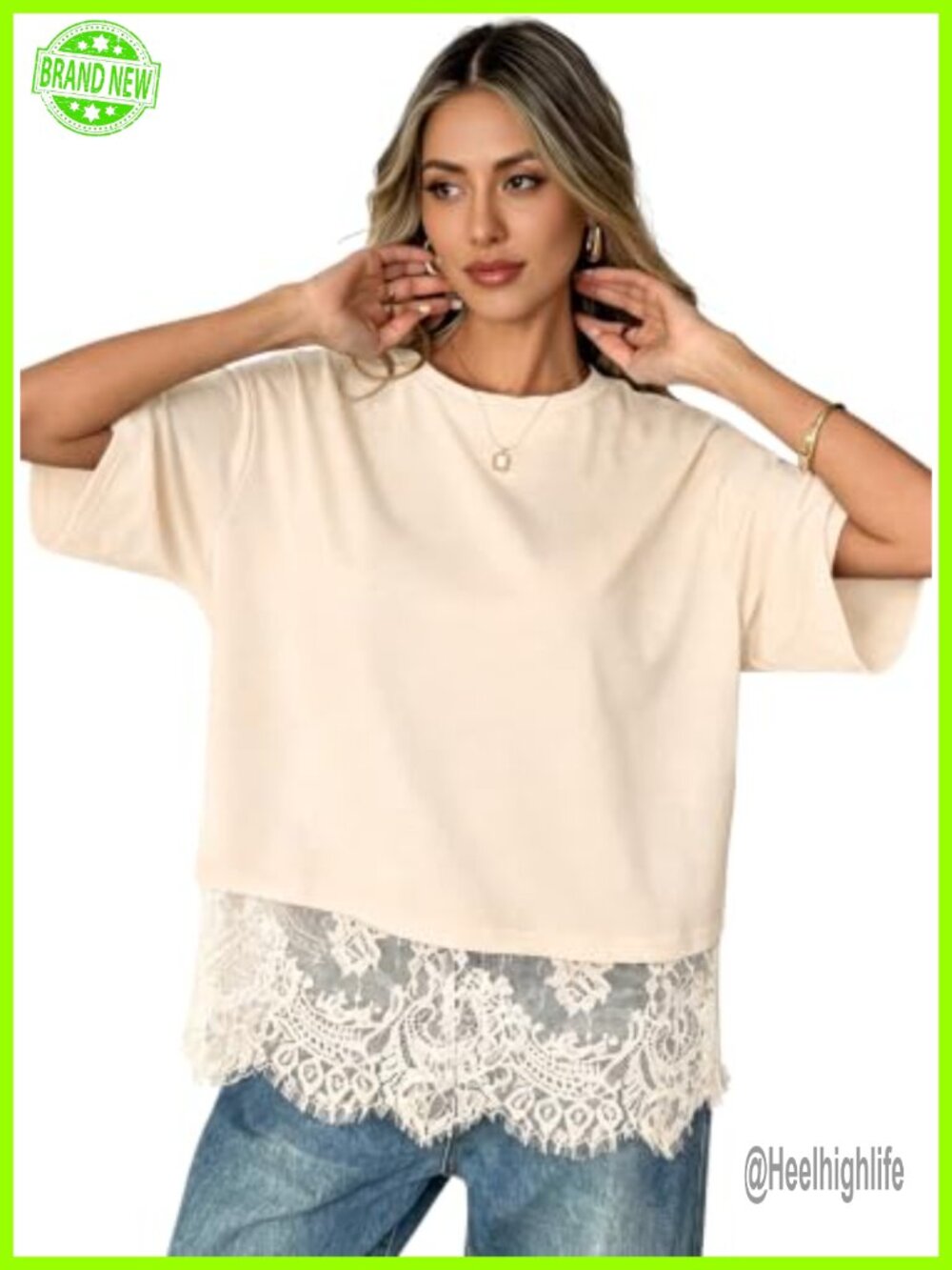 Womens Lace Hem Short Sleeve Crew Neck Relaxed Fit Summer Tee